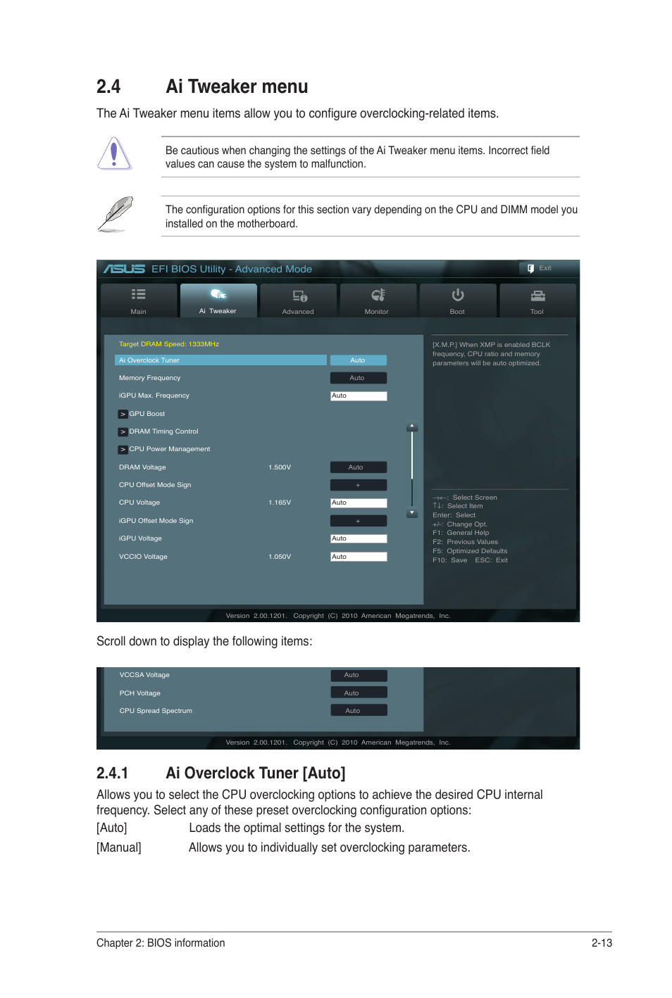 4 ai tweaker menu, 1 ai overclock tuner [auto, Ai tweaker menu -13 2.4.1 | Ai overclock tuner [auto] -13, Chapter 2: bios information 2-13 | Asus P8H67-I User Manual | Page 42 / 58