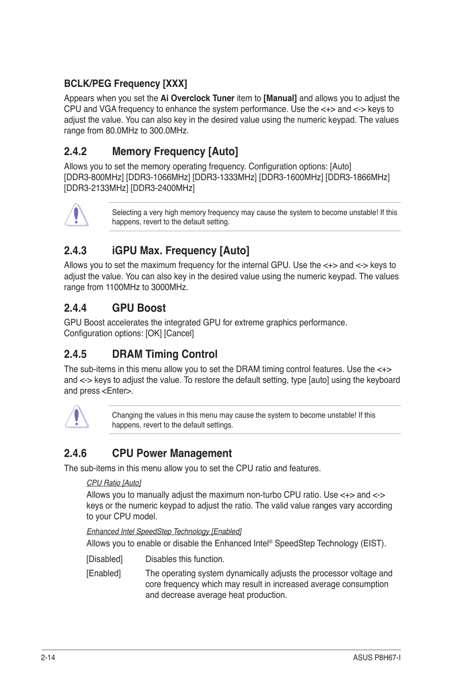 2 memory frequency [auto, 3 igpu max. frequency [auto, 4 gpu boost | 5 dram timing control, 6 cpu power management, Memory frequency [auto] -14, Igpu max. frequency [auto] -14, Gpu boost -14, Dram timing control -14, Cpu power management -14 | Asus P8H67-I User Manual | Page 43 / 58