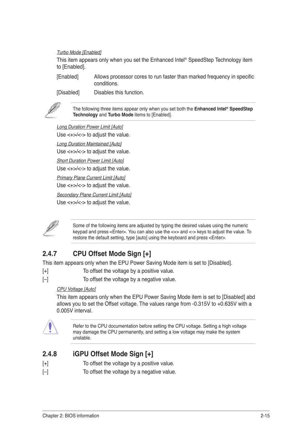 7 cpu offset mode sign, 8 igpu offset mode sign, Cpu offset mode sign [+] -15 | Igpu offset mode sign [+] -15 | Asus P8H67-I User Manual | Page 44 / 58