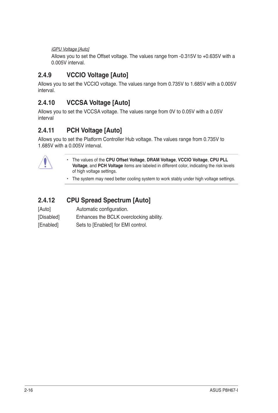 9 vccio voltage [auto, 10 vccsa voltage [auto, 11 pch voltage [auto | 12 cpu spread spectrum [auto, Vccio voltage [auto] -16 | Asus P8H67-I User Manual | Page 45 / 58