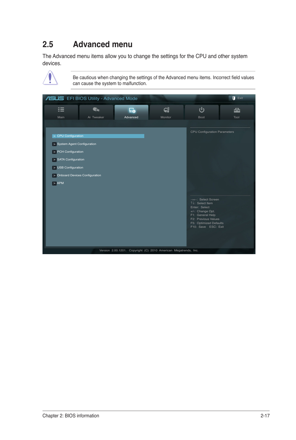 5 advanced menu, Advanced menu -17, Chapter 2: bios information 2-17 | Asus P8H67-I User Manual | Page 46 / 58