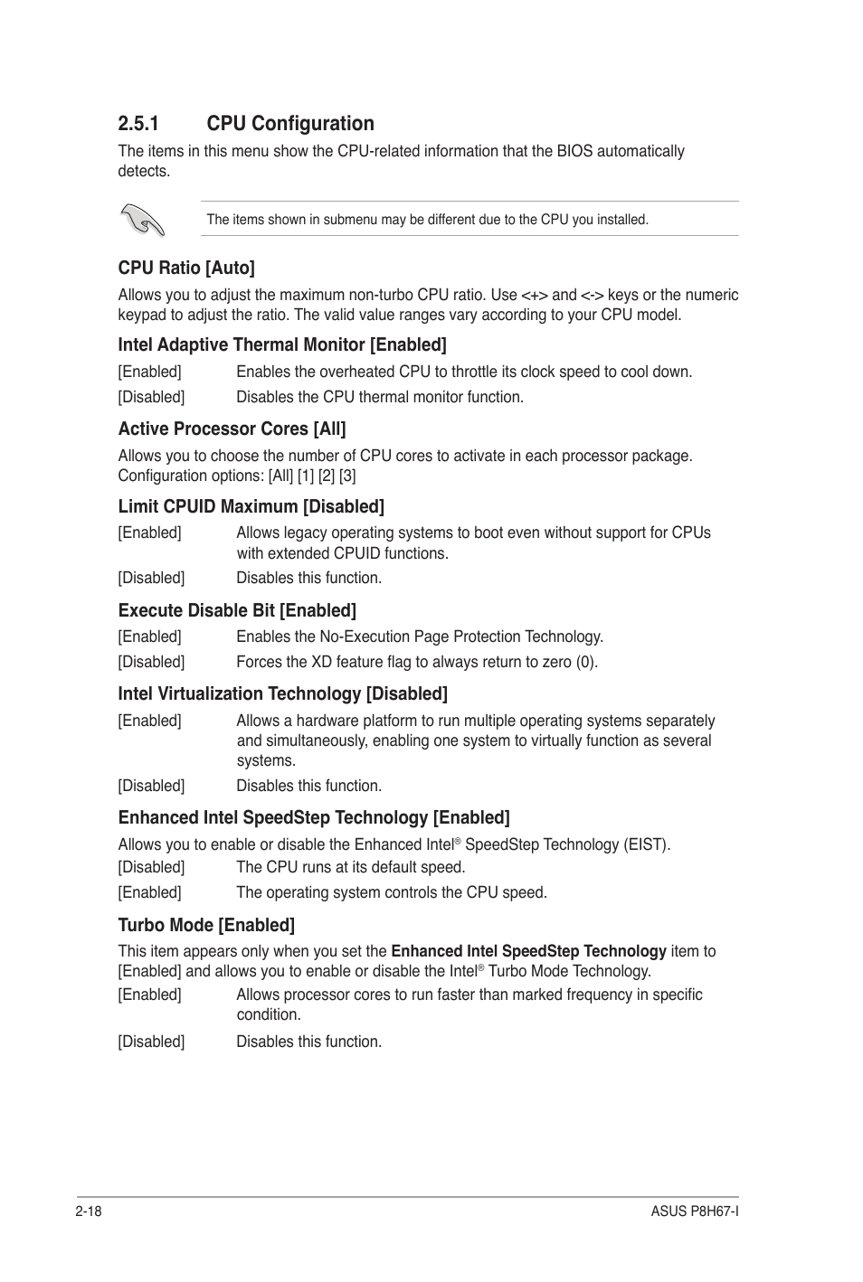 1 cpu configuration, Cpu configuration -18 | Asus P8H67-I User Manual | Page 47 / 58