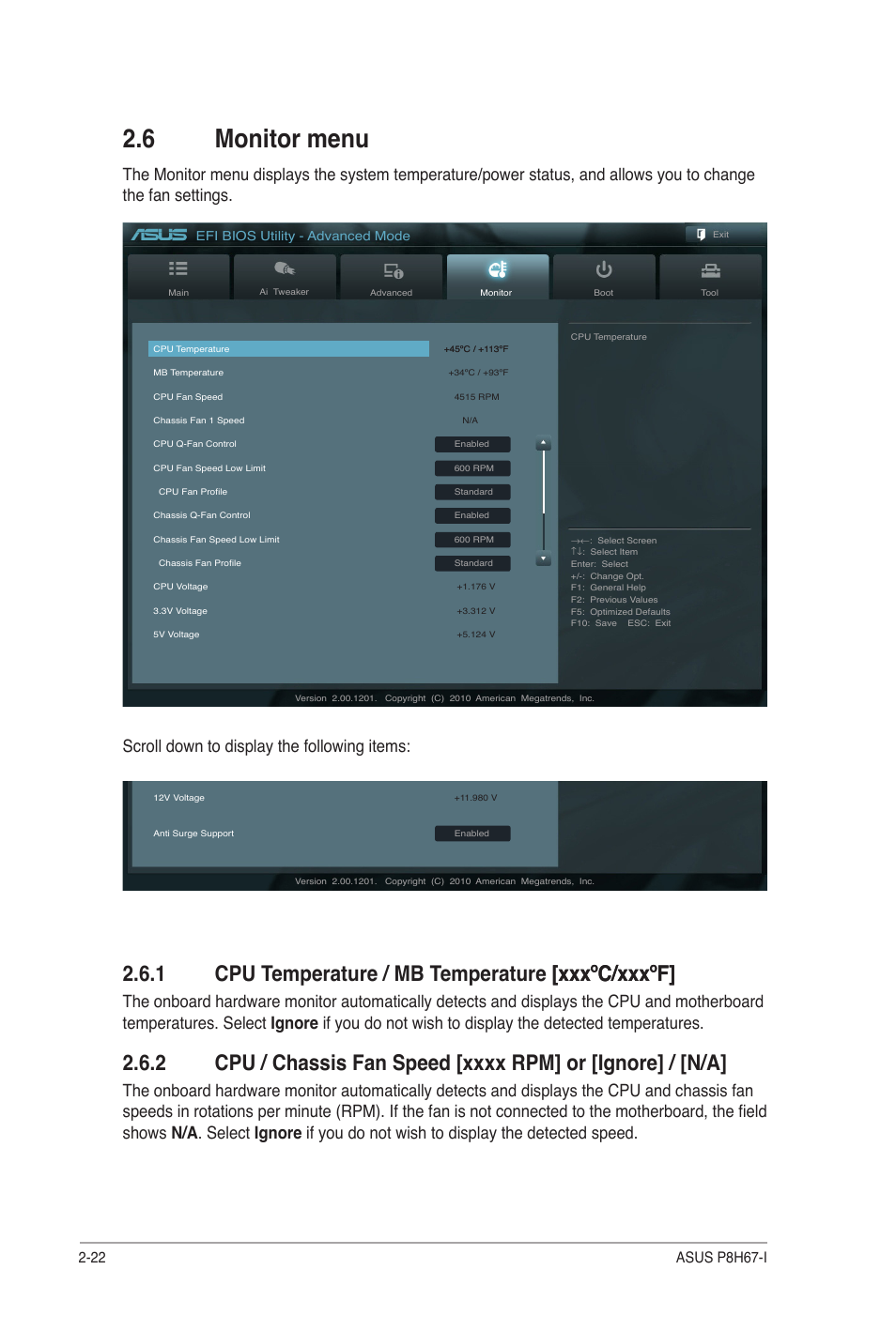 6 monitor menu, 1 cpu temperature / mb temperature [xxxºc/xxxºf, Monitor menu -22 2.6.1 | Cpu temperature / mb temperature [xxxºc/xxxºf] -22, Cpu / chassis, Speed [xxxx rpm] or [ignore] / [n/a] 2-22, Scroll down to display the following items | Asus P8H67-I User Manual | Page 51 / 58