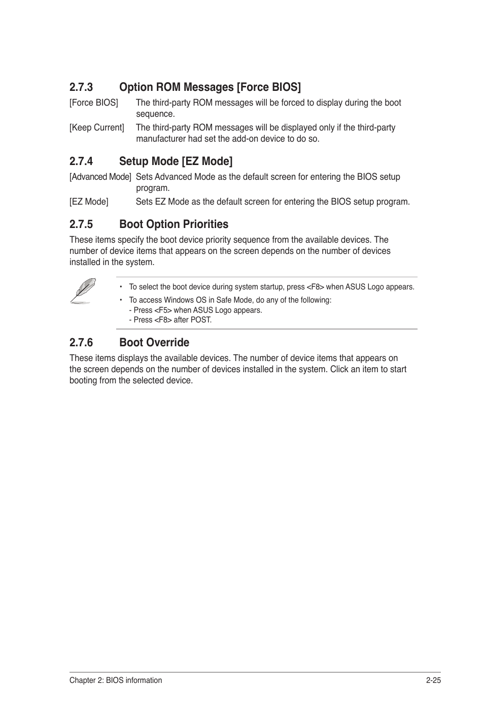 3 option rom messages [force bios, 4 setup mode [ez mode, 5 boot option priorities | 6 boot override, Option rom messages [force bios] -25, Setup mode [ez mode] -25, Boot option priorities -25, Boot override -25 | Asus P8H67-I User Manual | Page 54 / 58