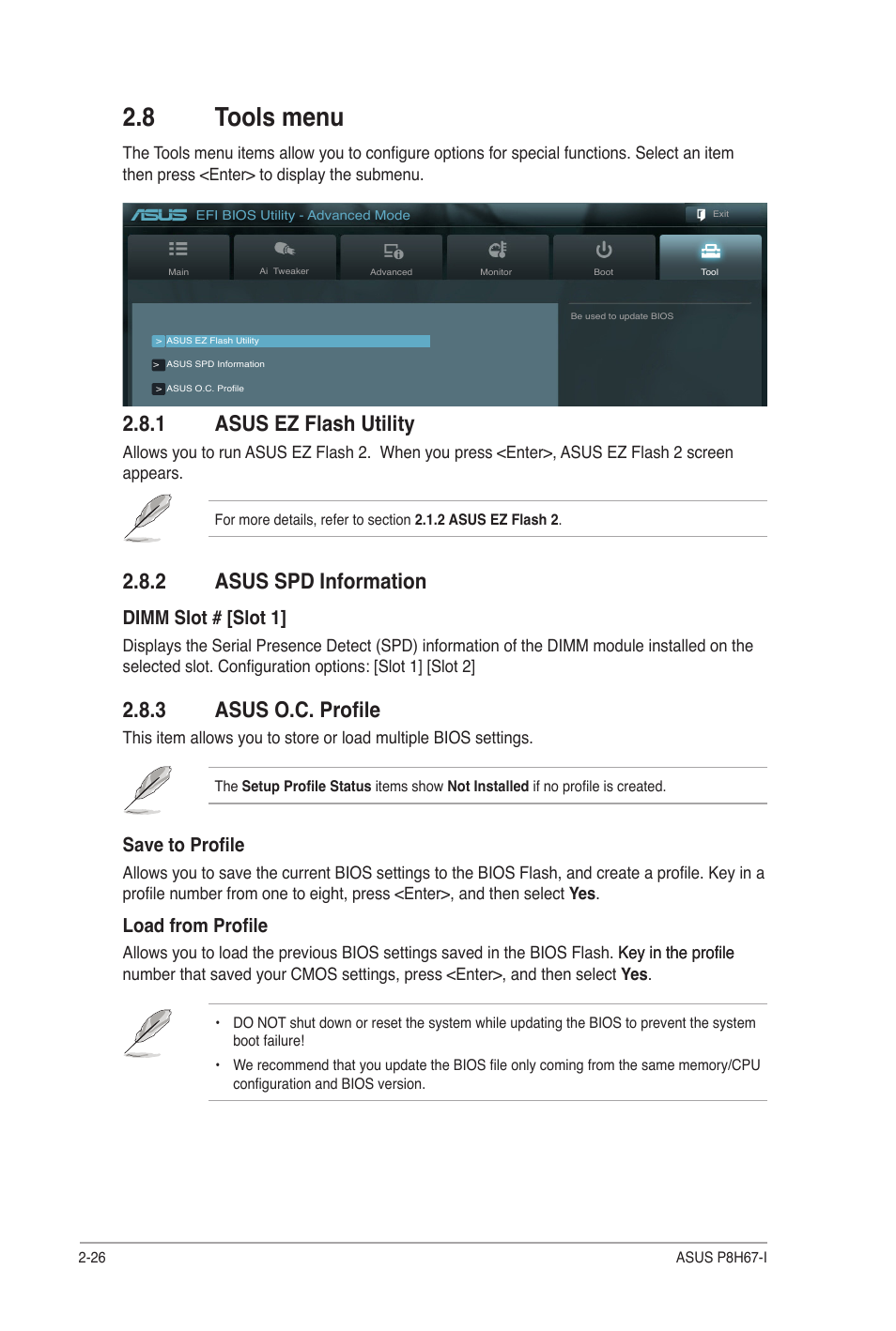 8 tools menu, 1 asus ez flash utility, 2 asus spd information | 3 asus o.c. profile, Tools menu -26 2.8.1, Asus ez flash utility -26, Asus spd information -26, Asus o.c. profile -26, Save to profile, Load from profile | Asus P8H67-I User Manual | Page 55 / 58