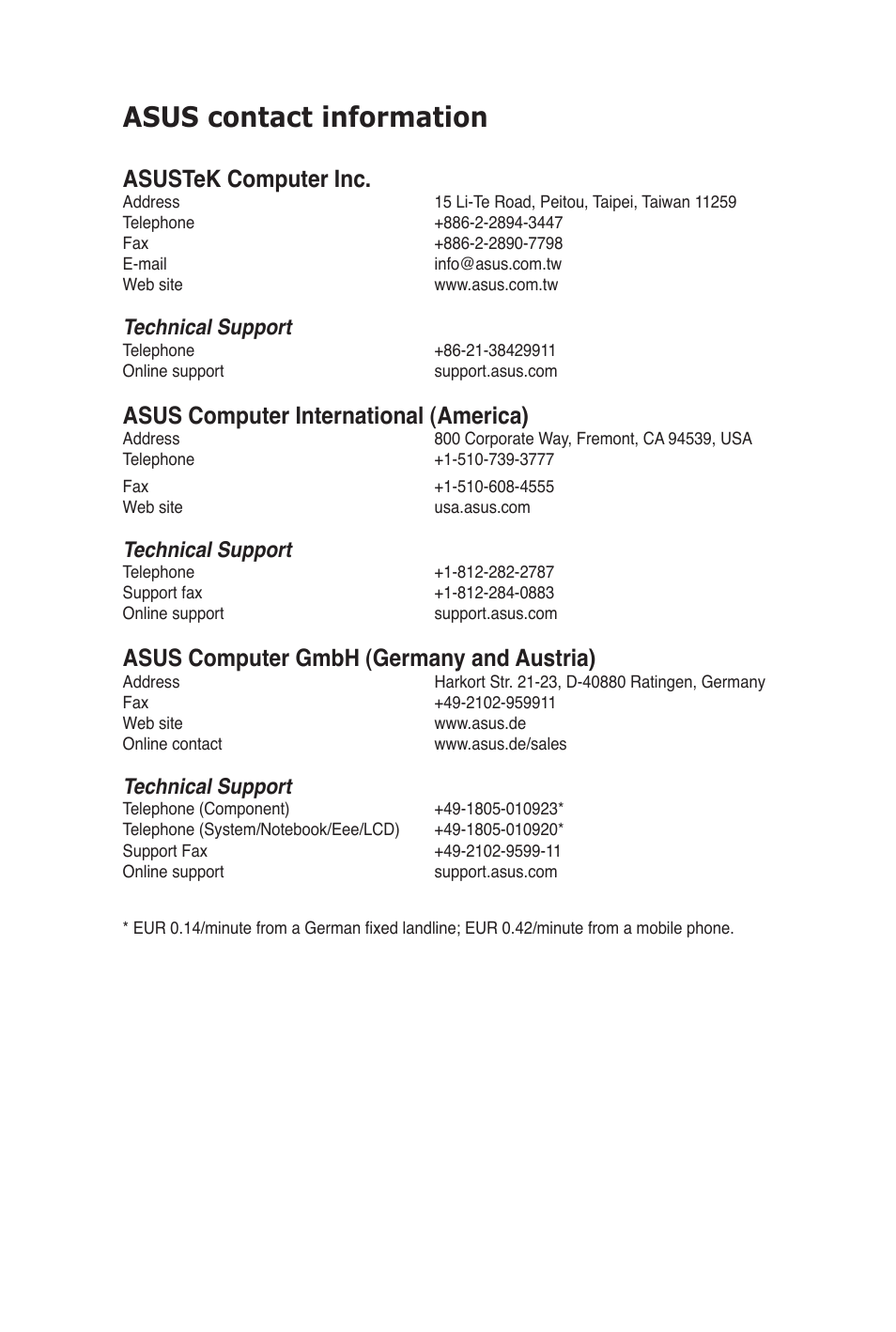 Asus contact information, Asustek computer inc, Asus computer international (america) | Asus computer gmbh (germany and austria), Technical support | Asus P8H67-I User Manual | Page 57 / 58