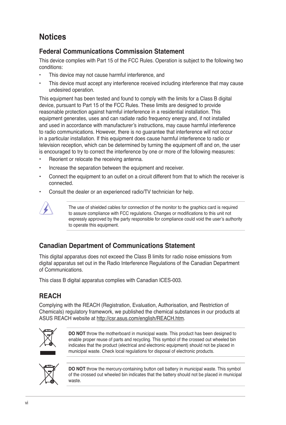 Notices, Federal communications commission statement, Canadian department of communications statement | Reach | Asus P8H67-I User Manual | Page 6 / 58