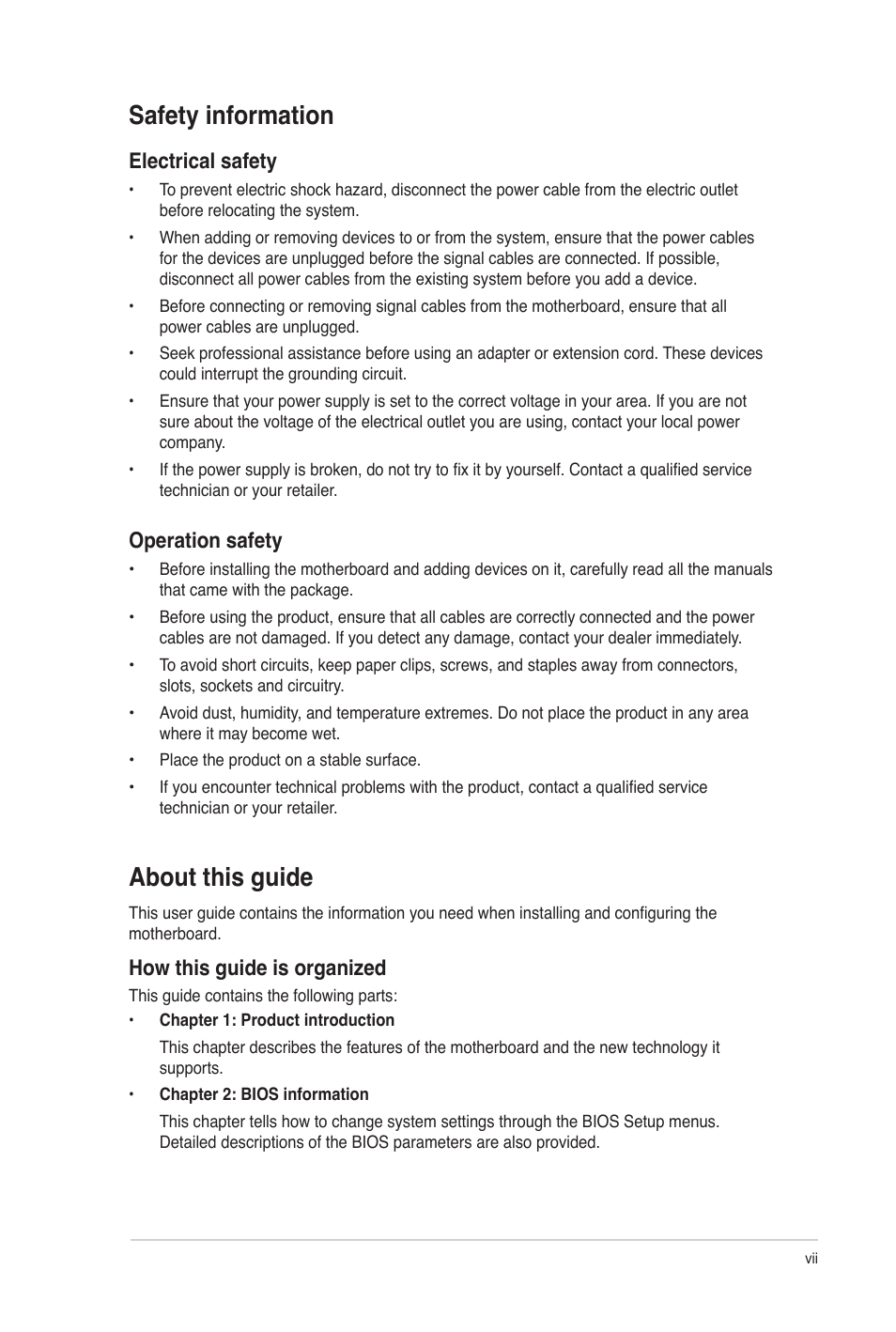 Safety information, About this guide, Electrical safety | Operation safety, How this guide is organized | Asus P8H67-I User Manual | Page 7 / 58