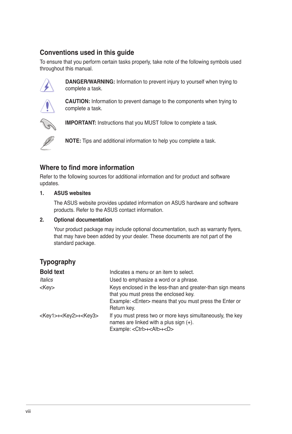 Conventions used in this guide, Where to find more information, Typography | Asus P8H67-I User Manual | Page 8 / 58