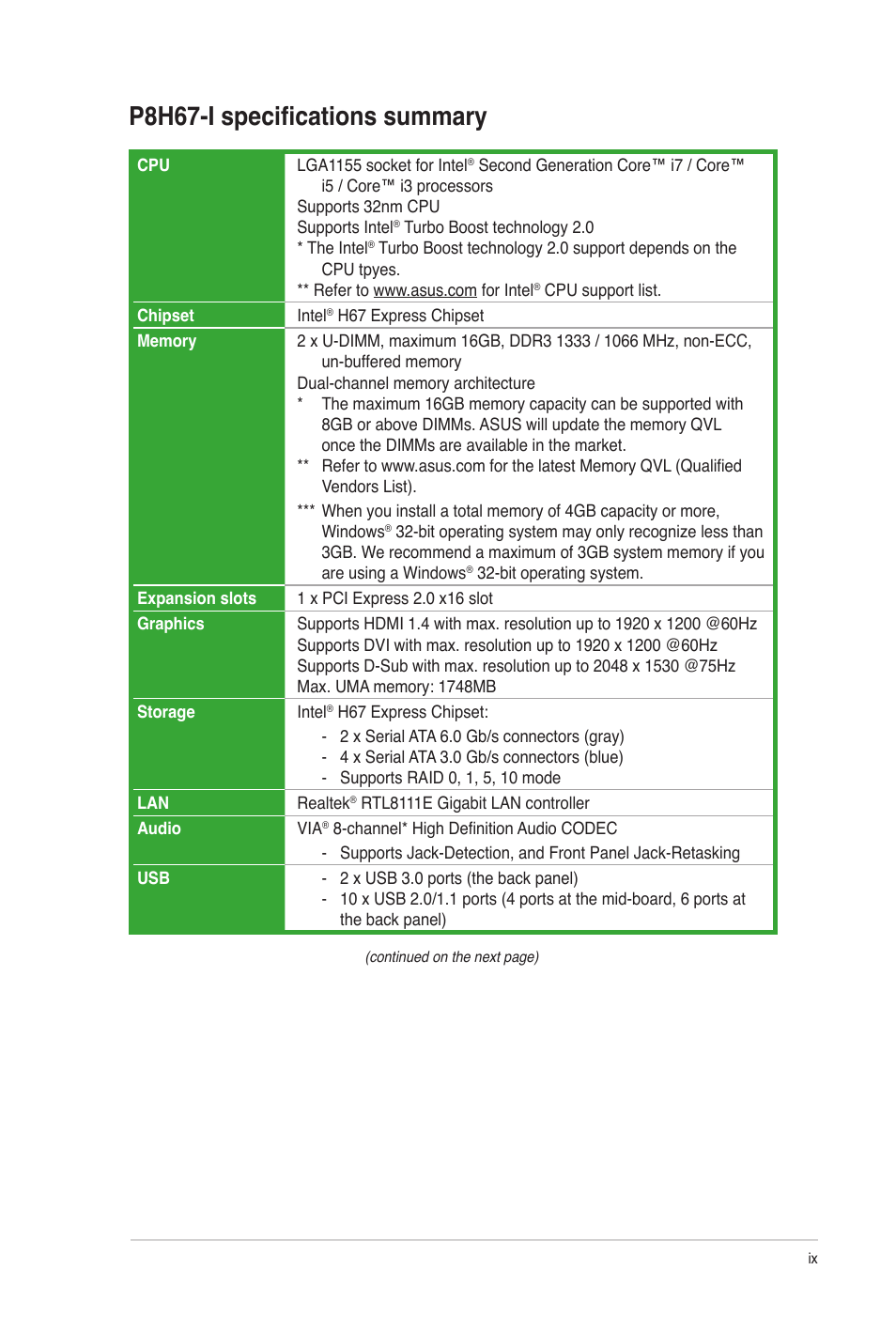 P8h67-i specifications summary | Asus P8H67-I User Manual | Page 9 / 58