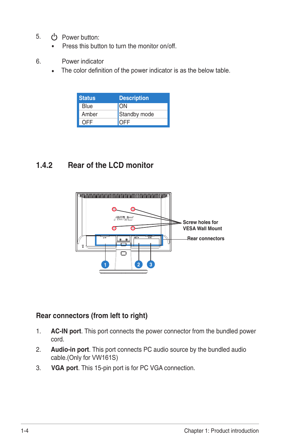 2 rear of the lcd monitor, Rear connectors (from left to right) | Asus VW161S User Manual | Page 10 / 18