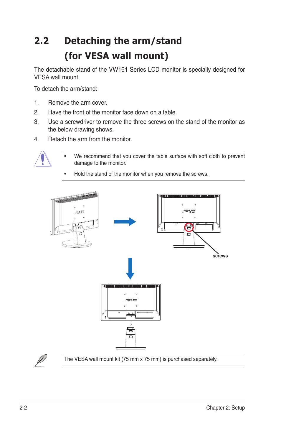 2 detaching the arm/stand (for vesa wall mount) | Asus VW161S User Manual | Page 12 / 18