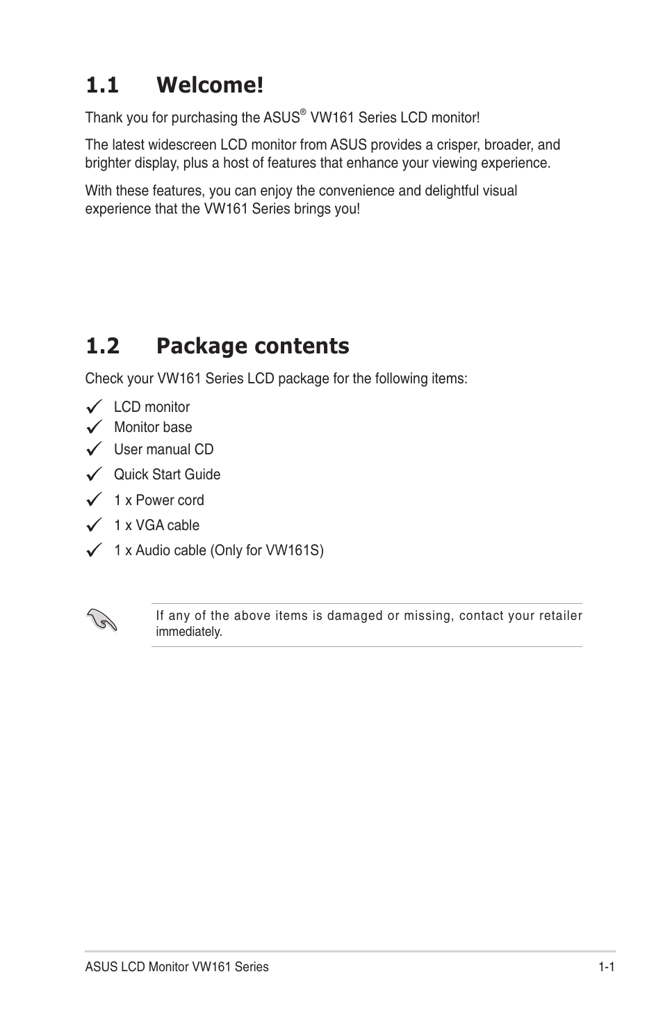 1 welcome, 2 package contents | Asus VW161S User Manual | Page 7 / 18