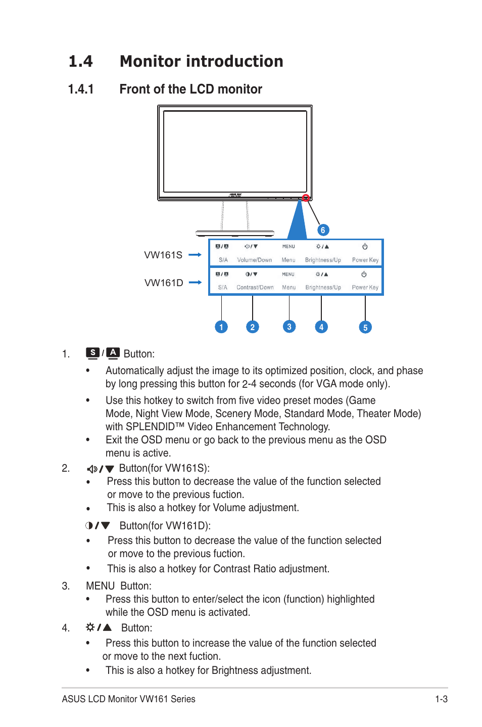 4 monitor introduction, 1 front of the lcd monitor | Asus VW161S User Manual | Page 9 / 18