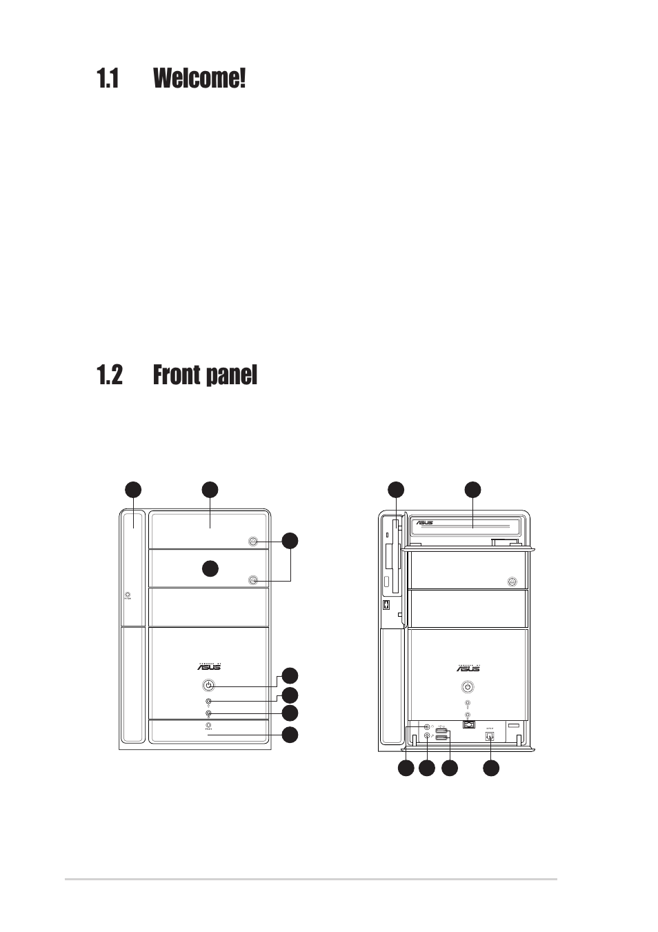 1 welcome, 2 front panel | Asus T2-R User Manual | Page 12 / 94