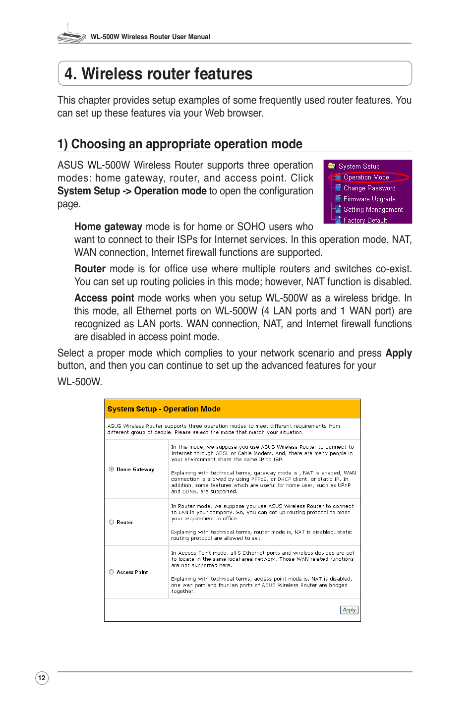 Wireless router features, 1) choosing an appropriate operation mode | Asus WL-500W User Manual | Page 14 / 43