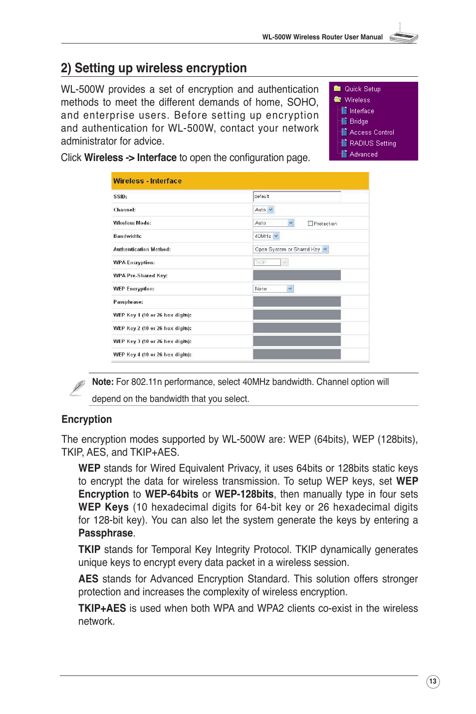 2) setting up wireless encryption | Asus WL-500W User Manual | Page 15 / 43