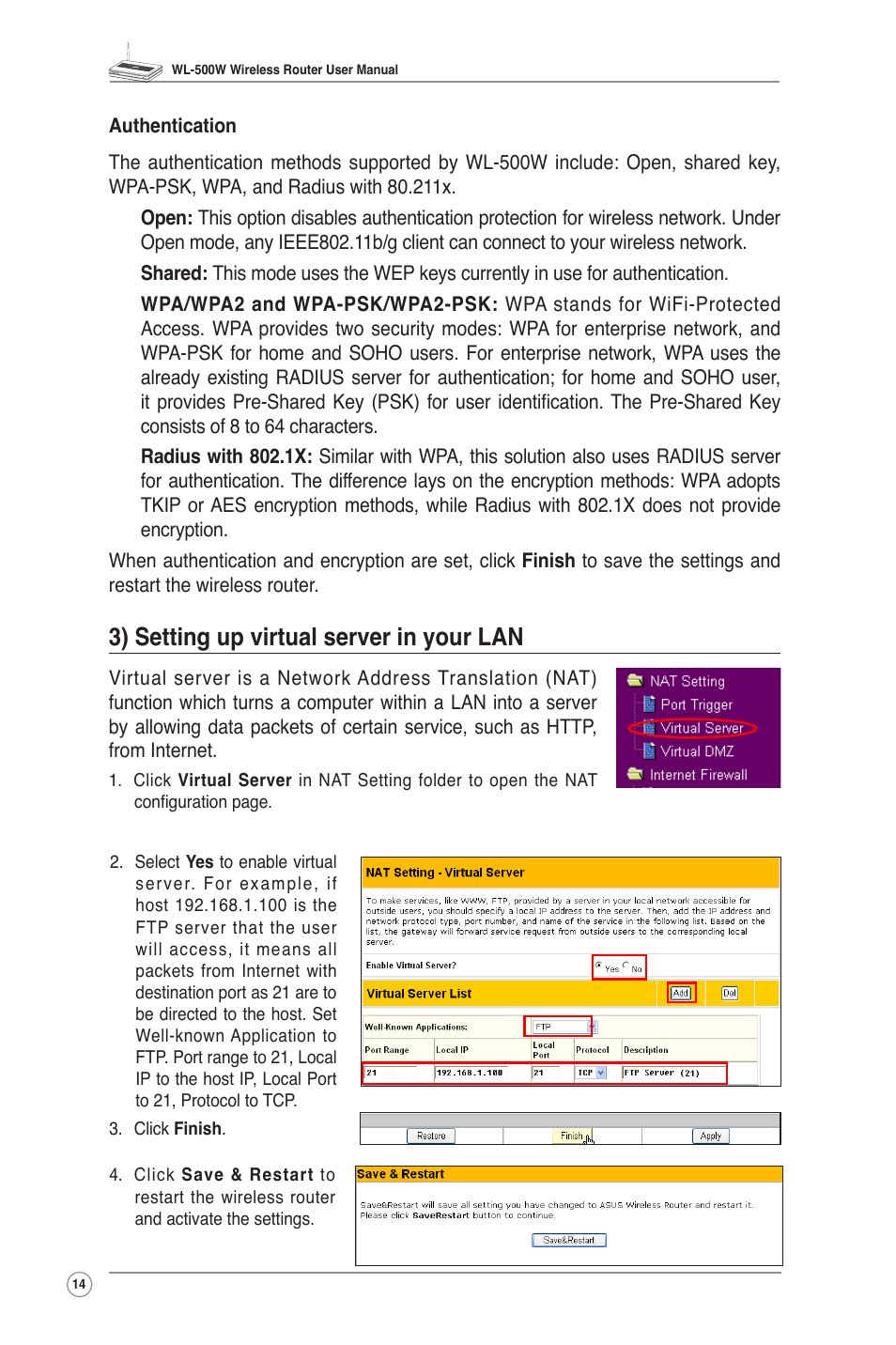 3) setting up virtual server in your lan | Asus WL-500W User Manual | Page 16 / 43