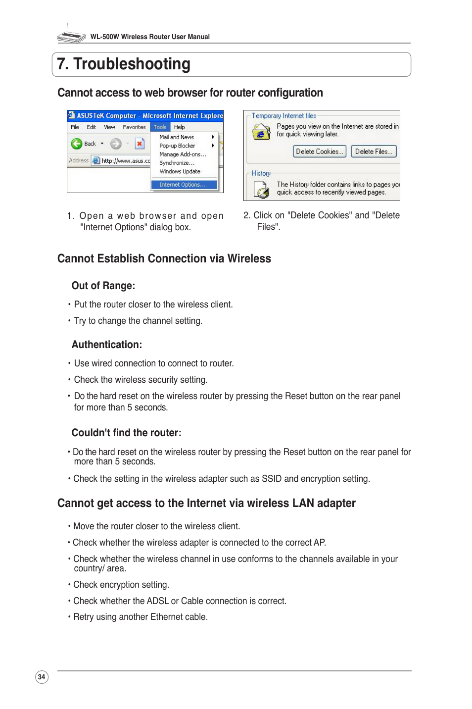 Troubleshooting, Cannot establish connection via wireless | Asus WL-500W User Manual | Page 36 / 43