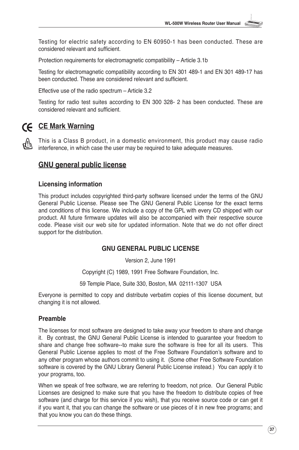 Ce mark warning, Gnu general public license | Asus WL-500W User Manual | Page 39 / 43