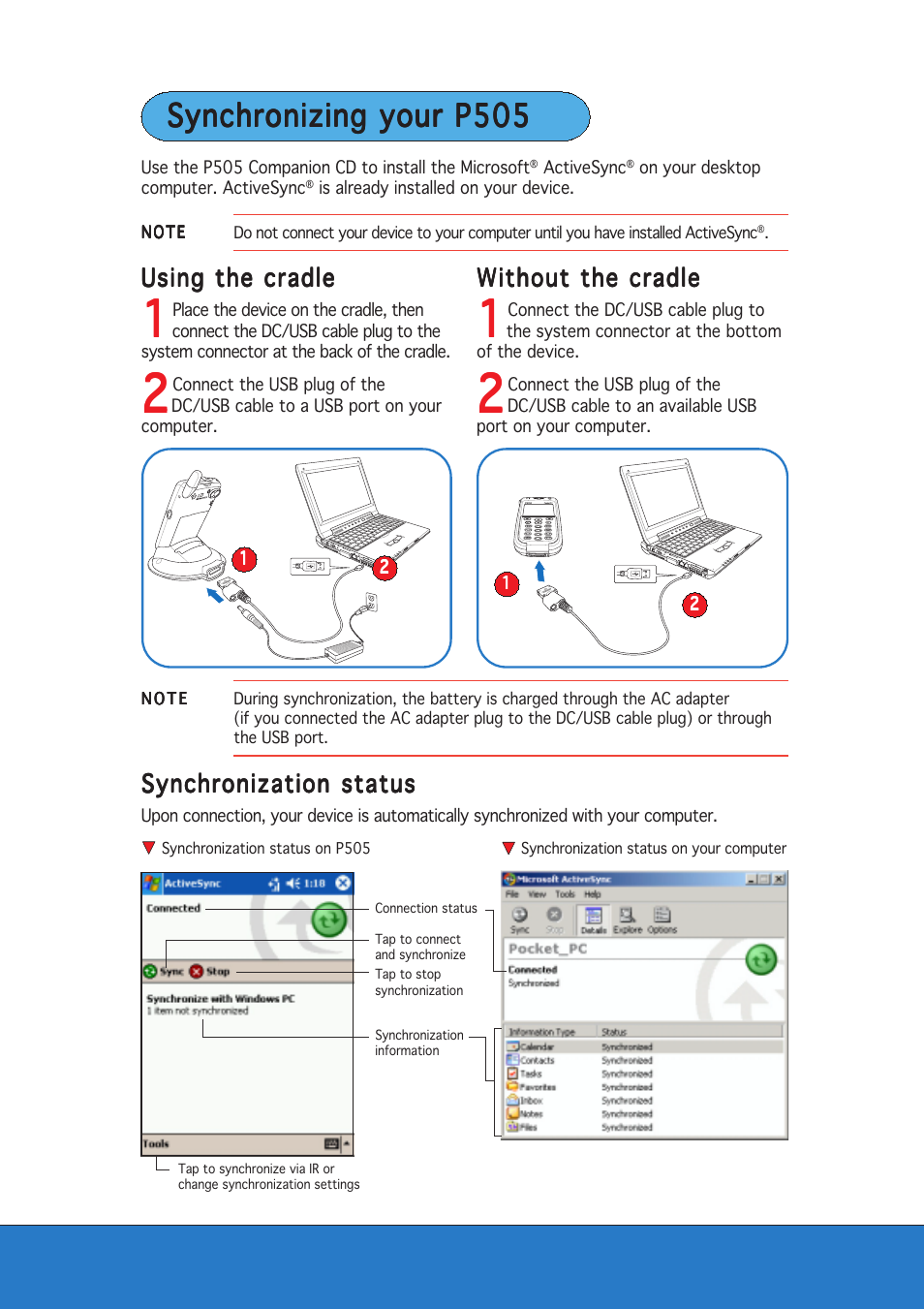 Synchronizing your p505 | Asus P505 User Manual | Page 11 / 12