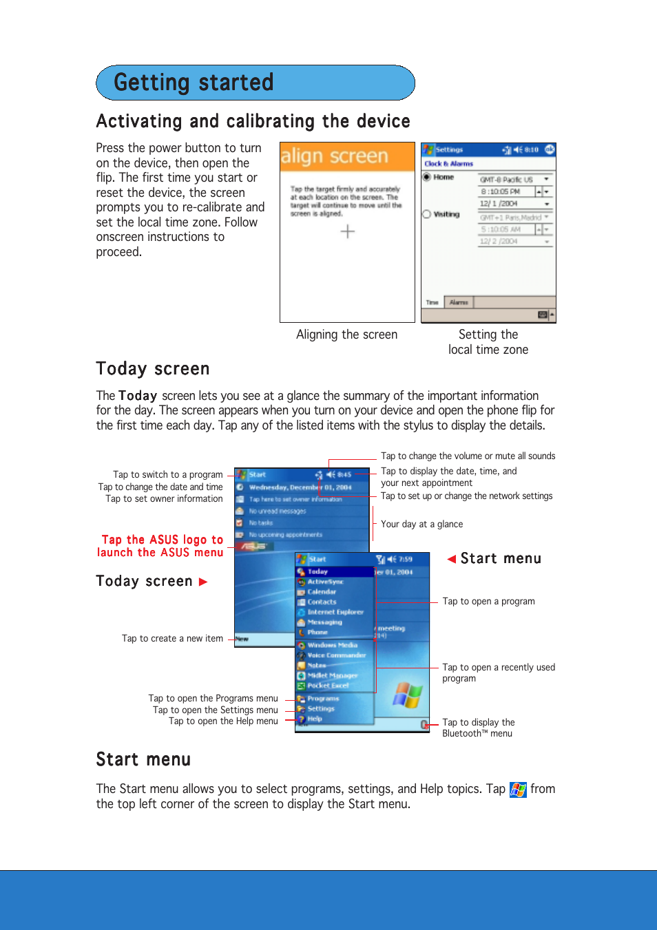 Getting started, Activating and calibrating the device, Today screen | Start menu | Asus P505 User Manual | Page 4 / 12