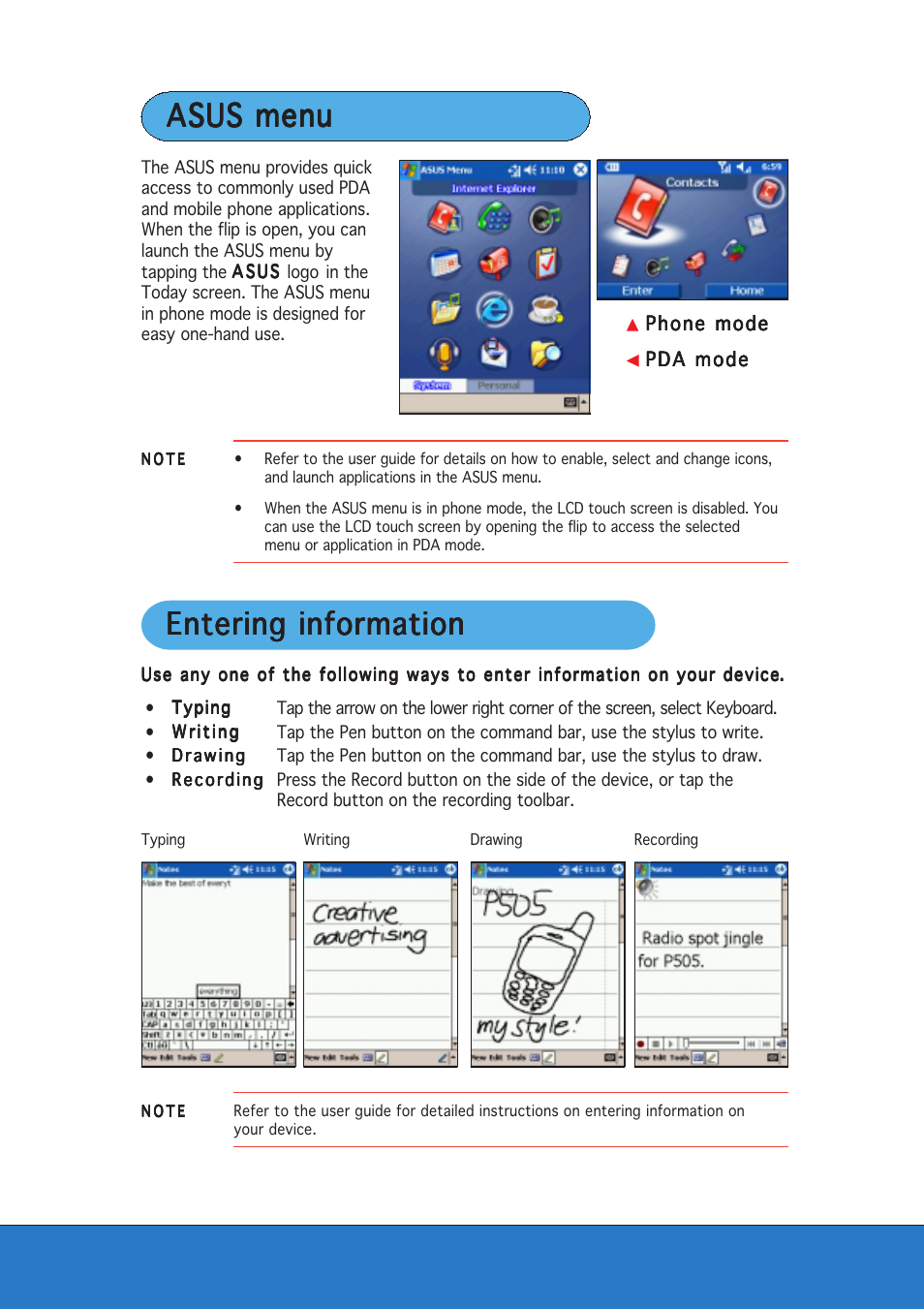 Asus menu, Entering information | Asus P505 User Manual | Page 5 / 12