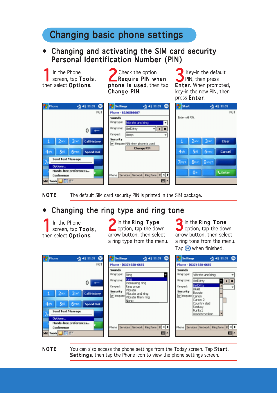 Changing basic phone settings | Asus P505 User Manual | Page 7 / 12