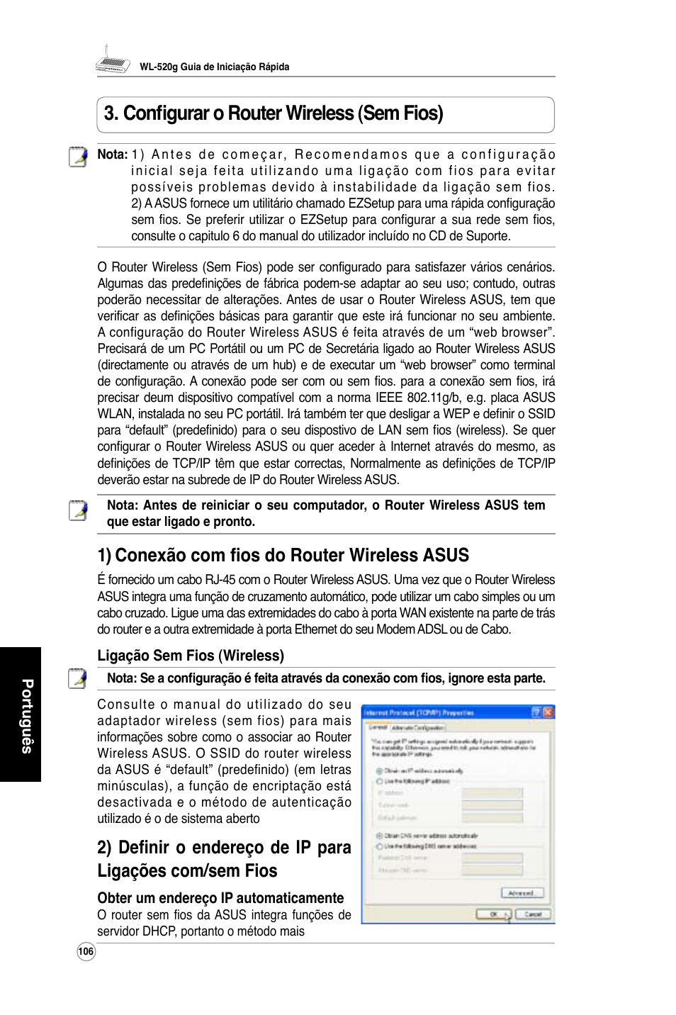 Configurar o router wireless (sem fios), 1) conexão com fios do router wireless asus | Asus WL-520G User Manual | Page 108 / 136