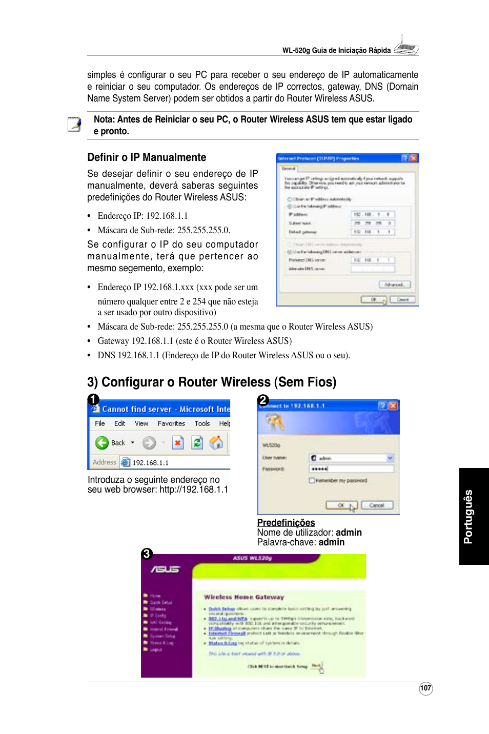 3) configurar o router wireless (sem fios) | Asus WL-520G User Manual | Page 109 / 136