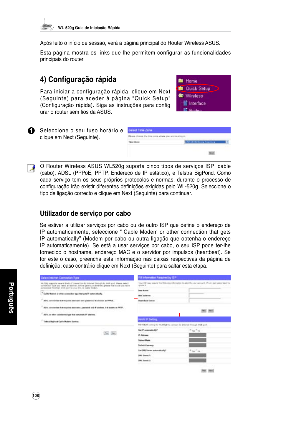 4) configuração rápida, Utilizador de serviço por cabo | Asus WL-520G User Manual | Page 110 / 136