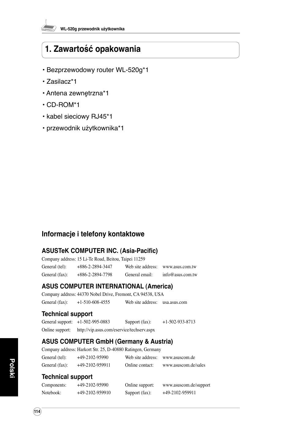 Zawartość opakowania, Informacje i telefony kontaktowe, Polski | Asustek computer inc. (asia-pacific), Asus computer international (america), Technical support, Asus computer gmbh (germany & austria) | Asus WL-520G User Manual | Page 116 / 136