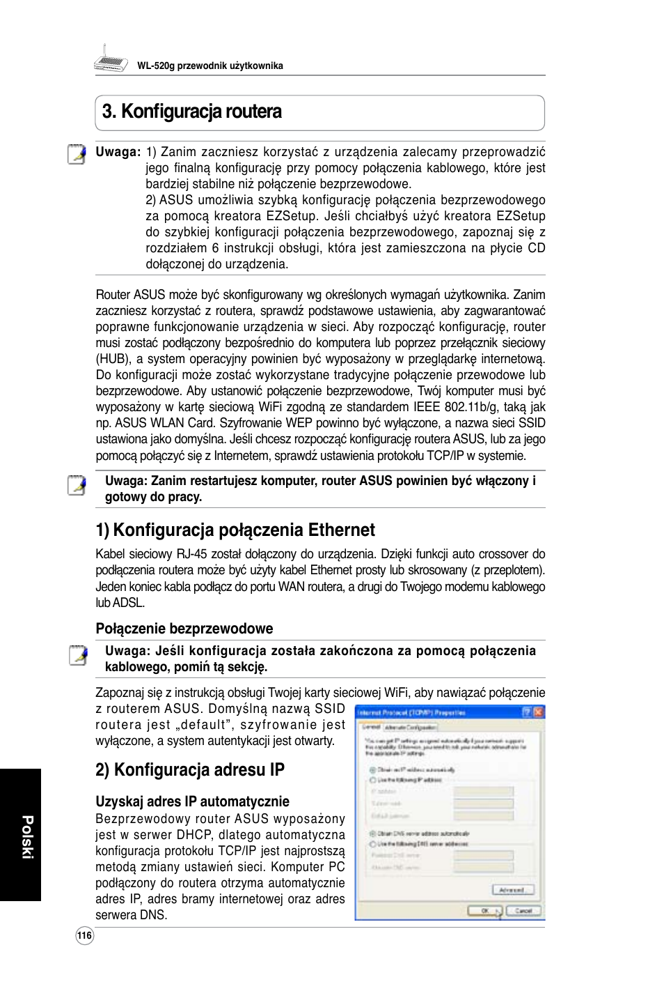 Konfiguracja routera, 1) konfiguracja połączenia ethernet, 2) konfiguracja adresu ip | Asus WL-520G User Manual | Page 118 / 136