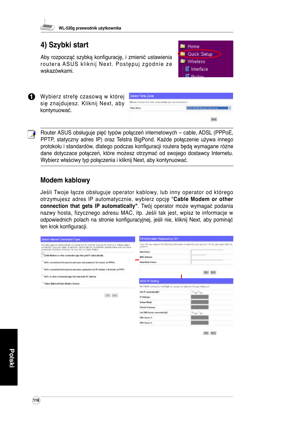 4) szybki start, Modem kablowy | Asus WL-520G User Manual | Page 120 / 136