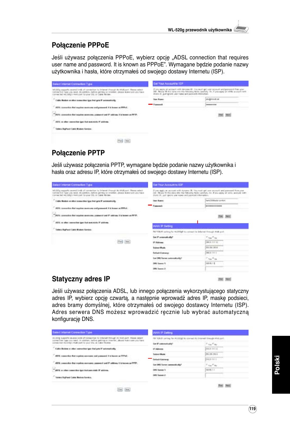Połączenie pppoe, Połączenie pptp, Statyczny adres ip | Asus WL-520G User Manual | Page 121 / 136