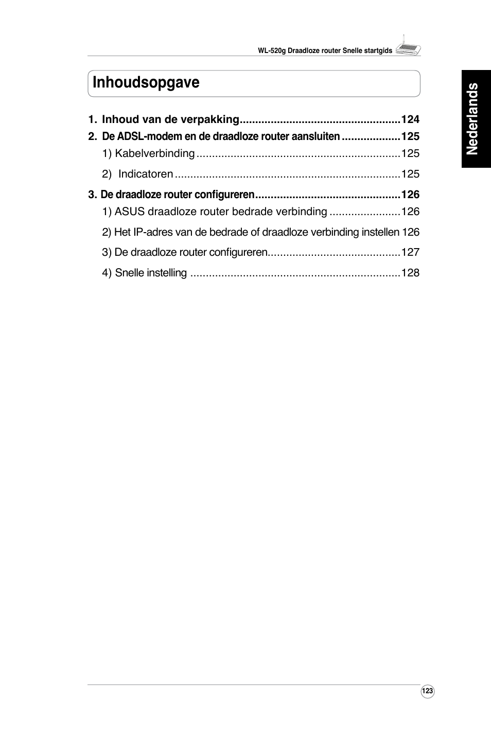 Inhoudsopgave, Nederlands | Asus WL-520G User Manual | Page 125 / 136