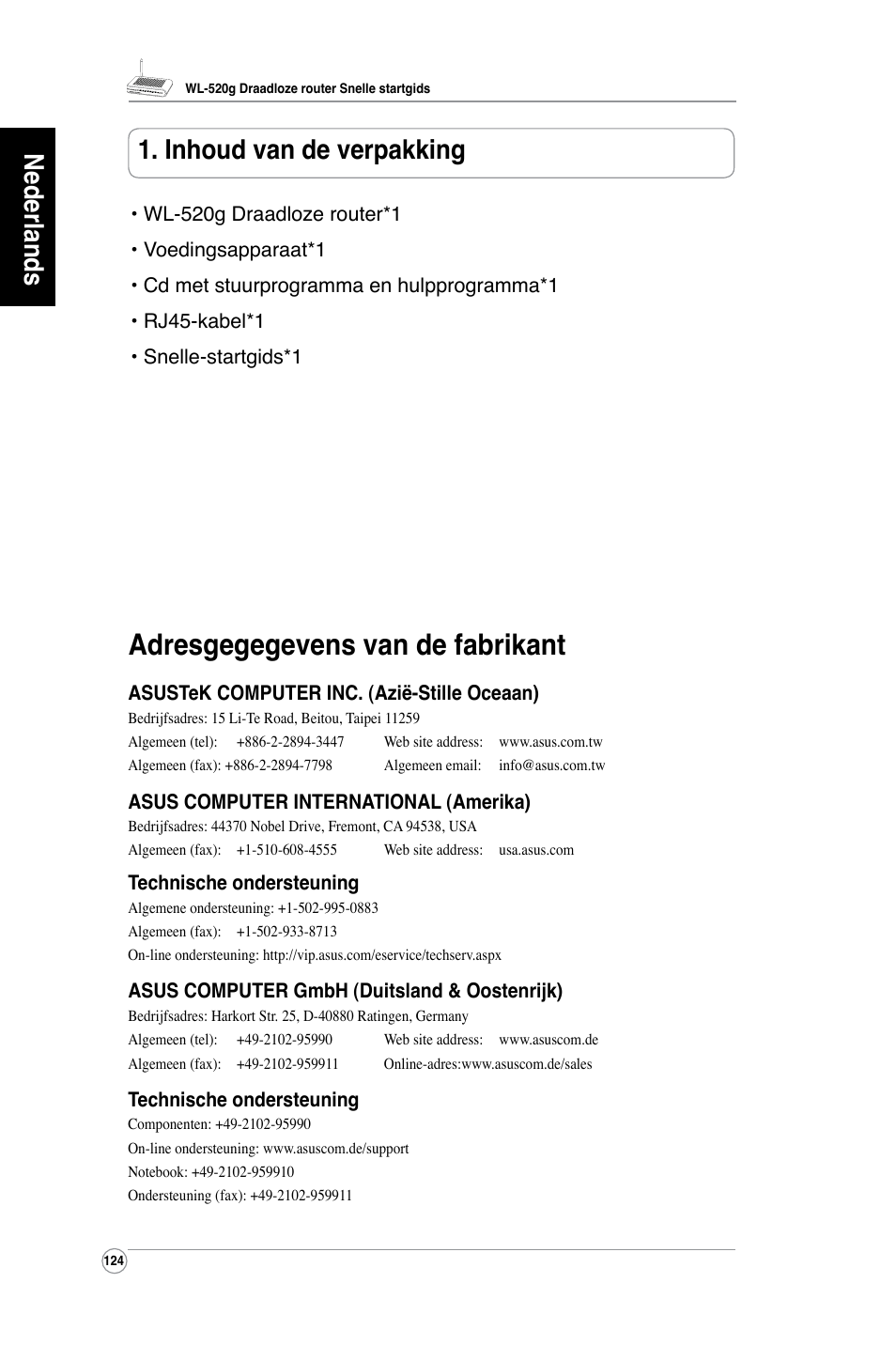 Adresgegegevens van de fabrikant, Nederlands 1. inhoud van de verpakking | Asus WL-520G User Manual | Page 126 / 136