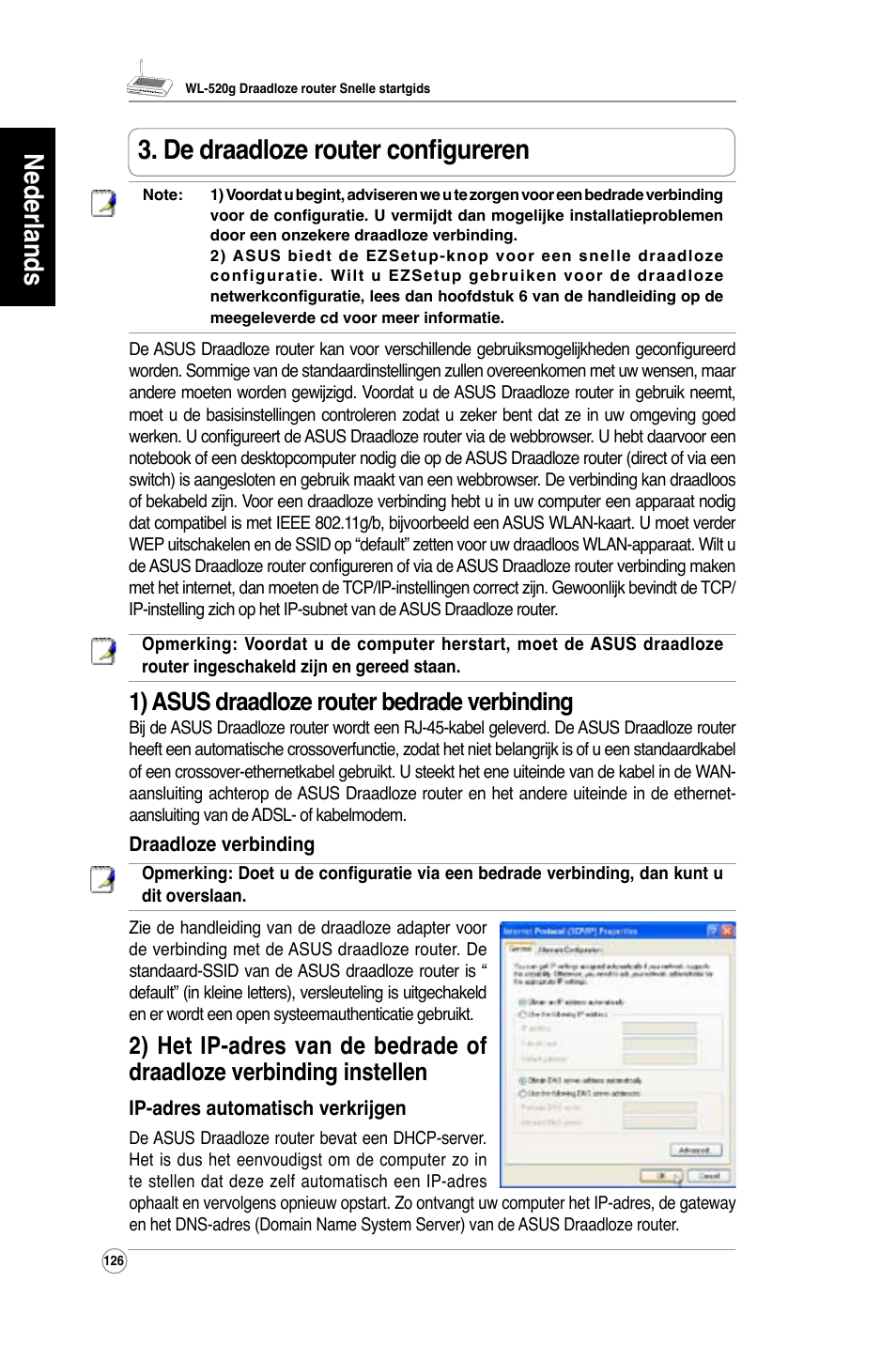 Nederlands, De draadloze router configureren, 1) asus draadloze router bedrade verbinding | Asus WL-520G User Manual | Page 128 / 136