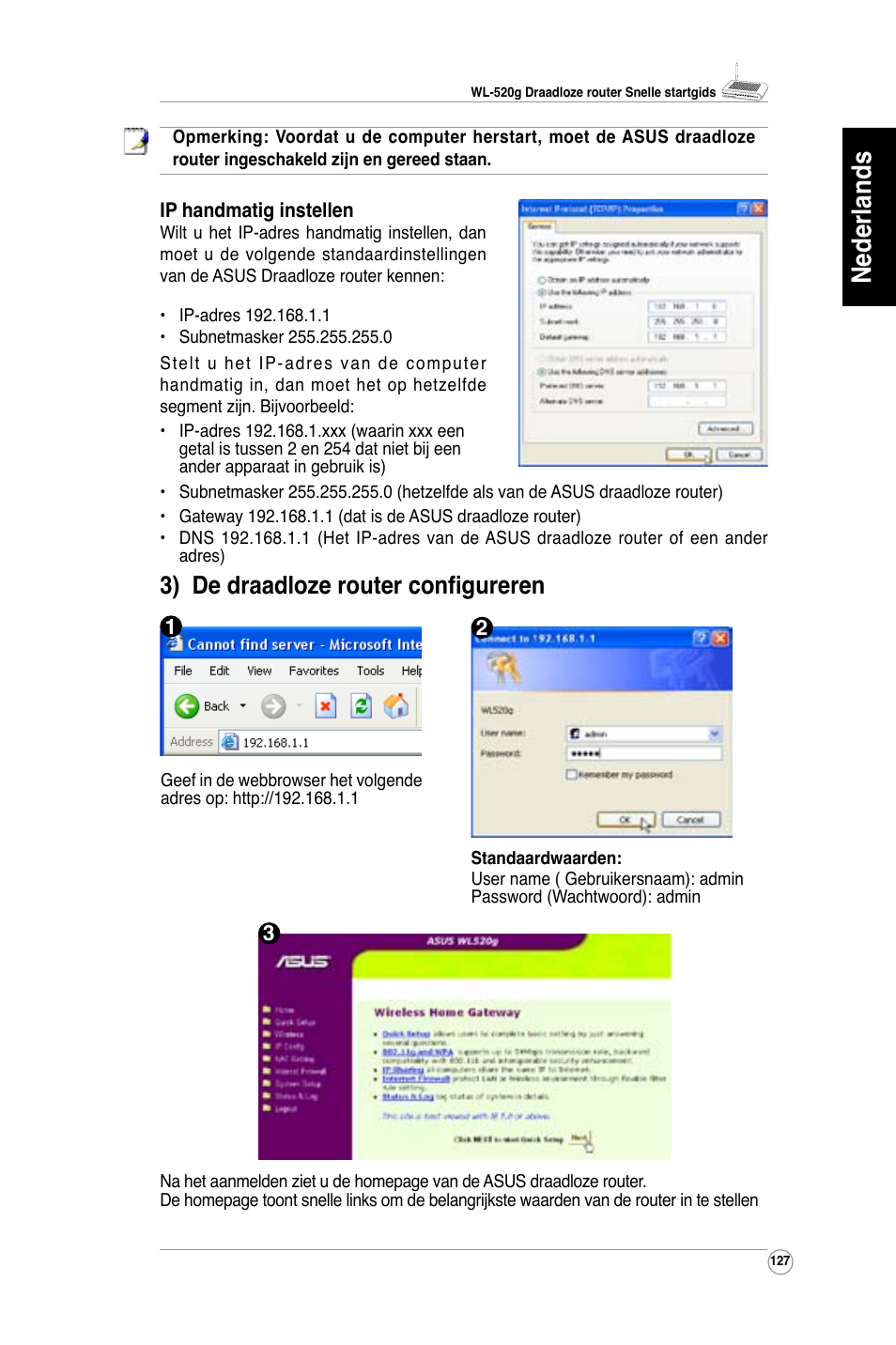 Nederlands, 3) de draadloze router configureren | Asus WL-520G User Manual | Page 129 / 136