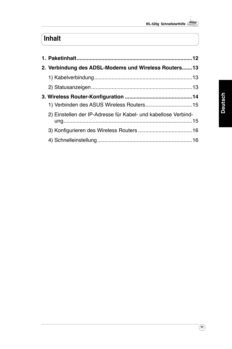 Inhalt | Asus WL-520G User Manual | Page 13 / 136