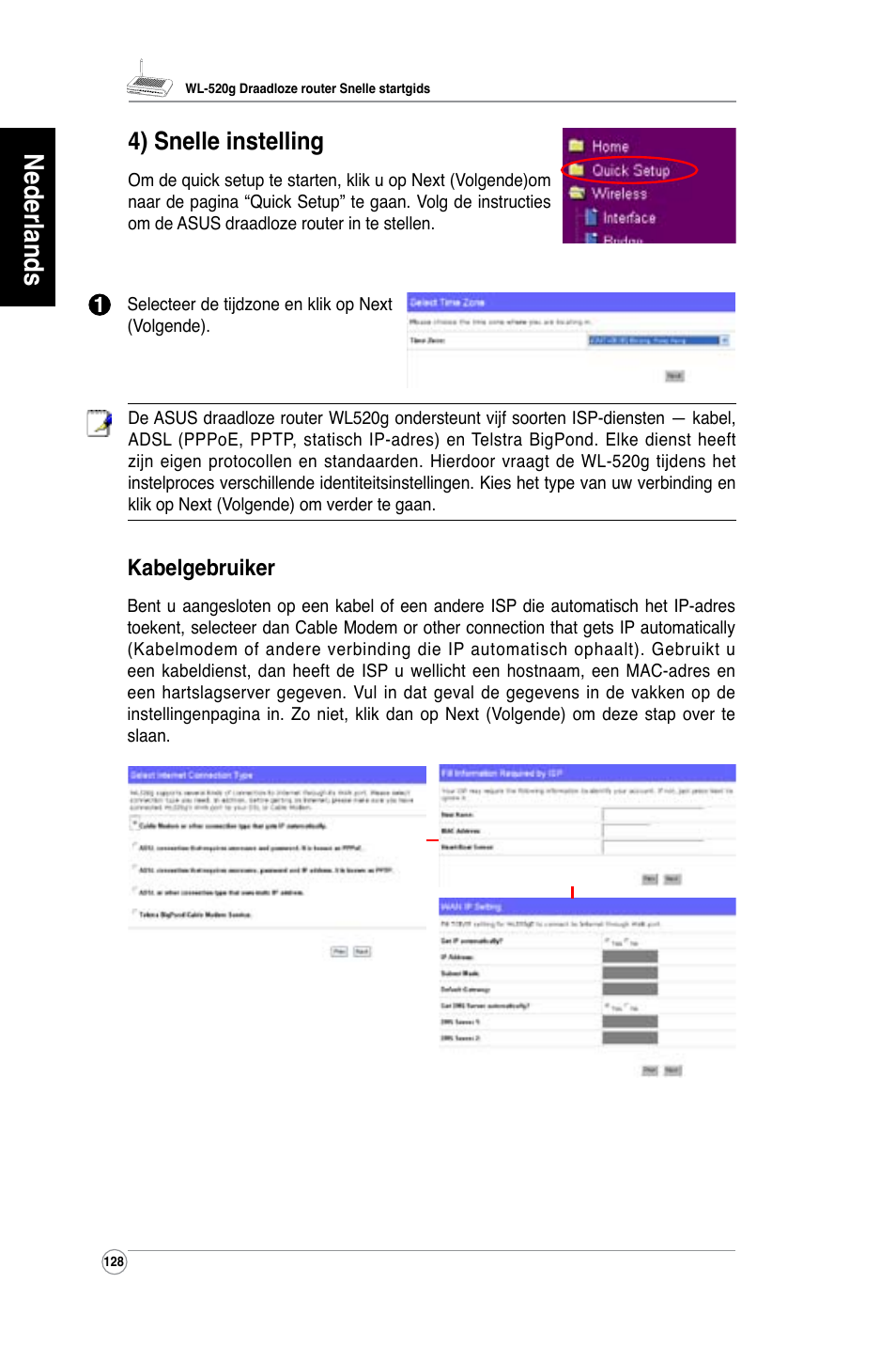 Nederlands, 4) snelle instelling, Kabelgebruiker | Asus WL-520G User Manual | Page 130 / 136