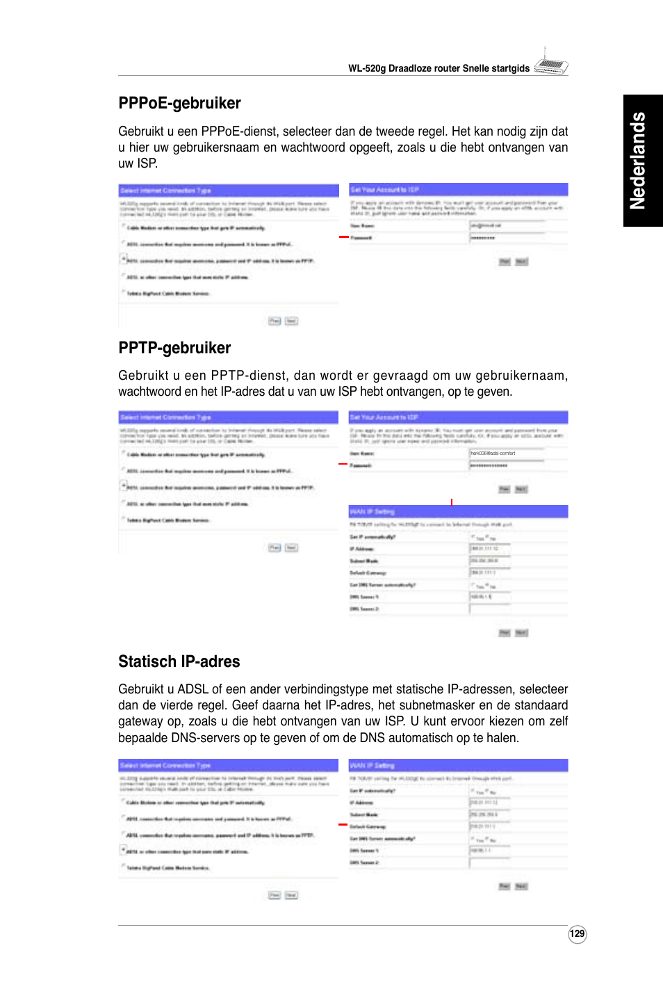 Nederlands, Pppoe-gebruiker, Pptp-gebruiker | Statisch ip-adres | Asus WL-520G User Manual | Page 131 / 136