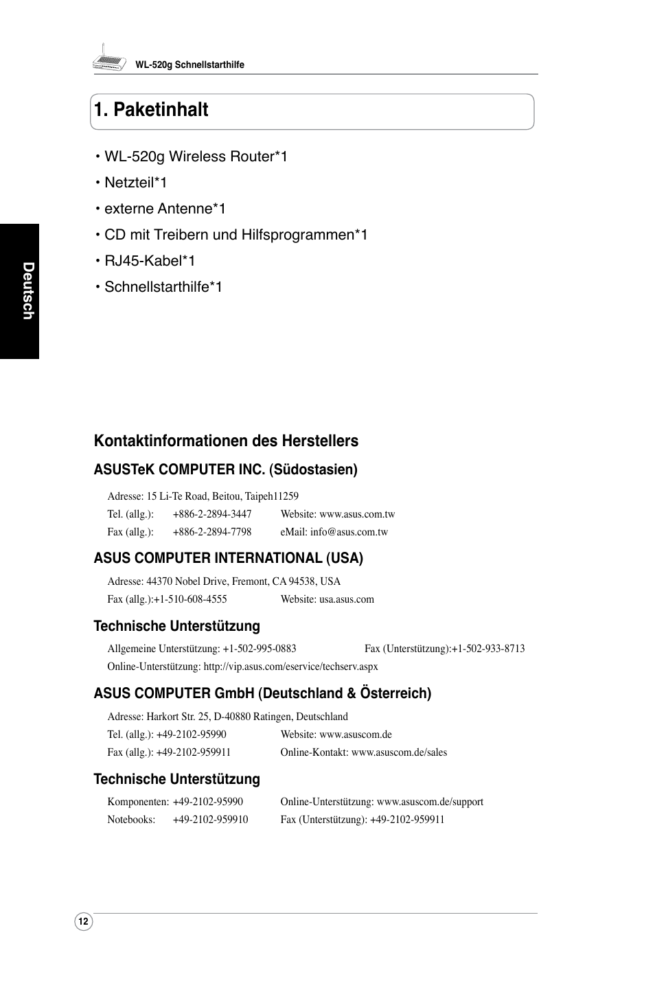 Paketinhalt, Kontaktinformationen des herstellers | Asus WL-520G User Manual | Page 14 / 136