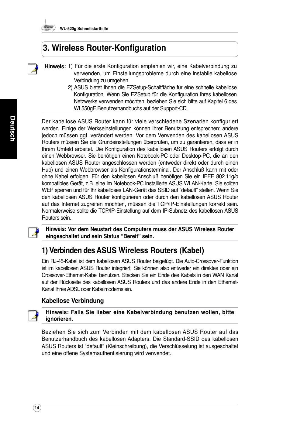 Wireless router-konfiguration, 1) verbinden des asus wireless routers (kabel) | Asus WL-520G User Manual | Page 16 / 136