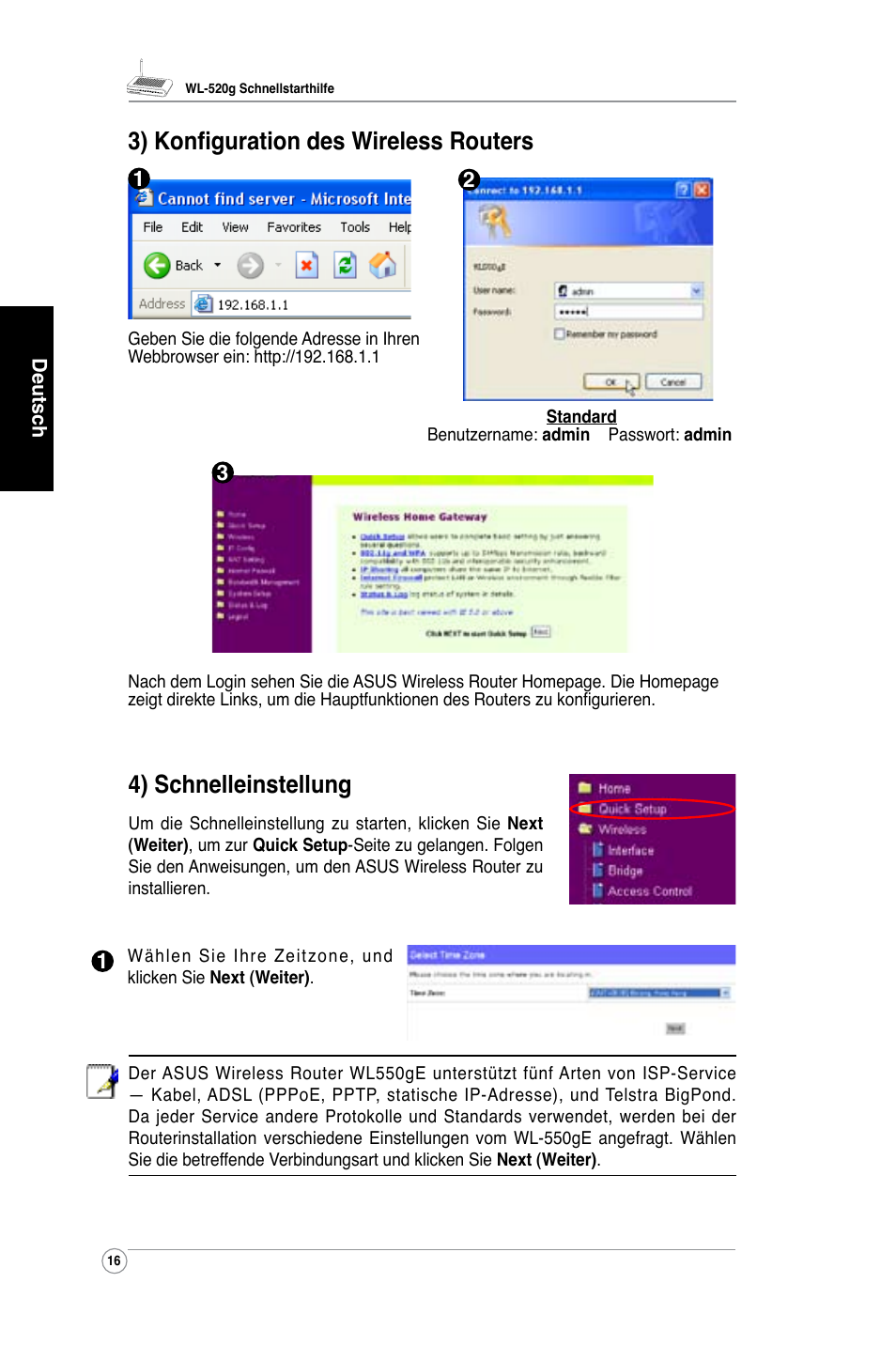 3) konfiguration des wireless routers, 4) schnelleinstellung | Asus WL-520G User Manual | Page 18 / 136