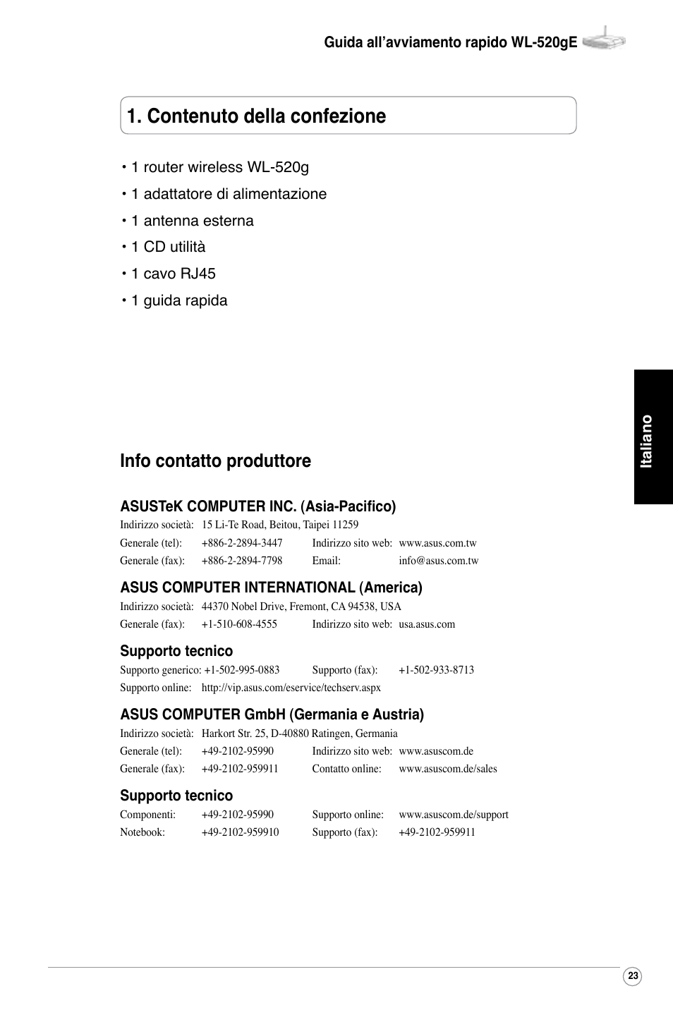 Contenuto della confezione, Info contatto produttore | Asus WL-520G User Manual | Page 25 / 136