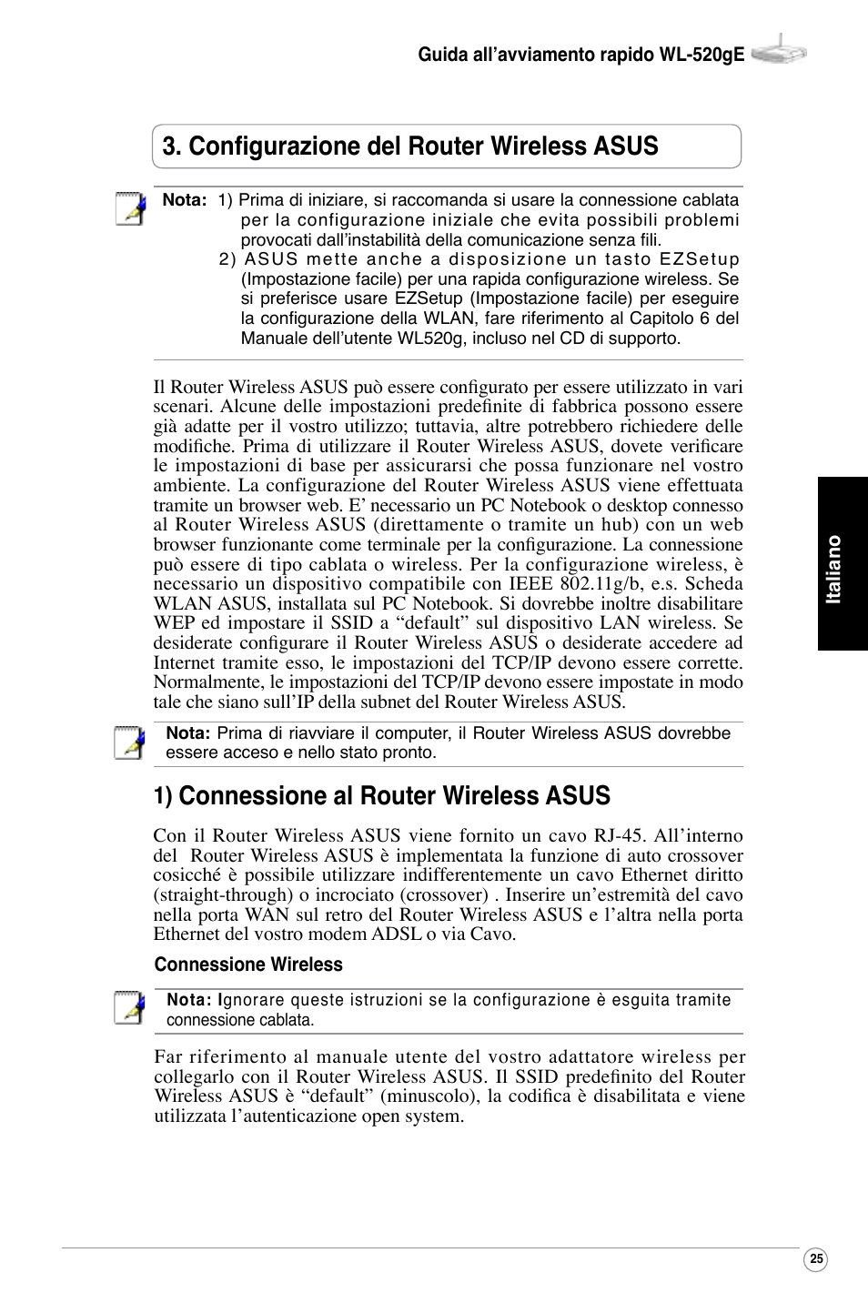 Connessione al router wireless asus, Configurazione del router wireless asus | Asus WL-520G User Manual | Page 27 / 136