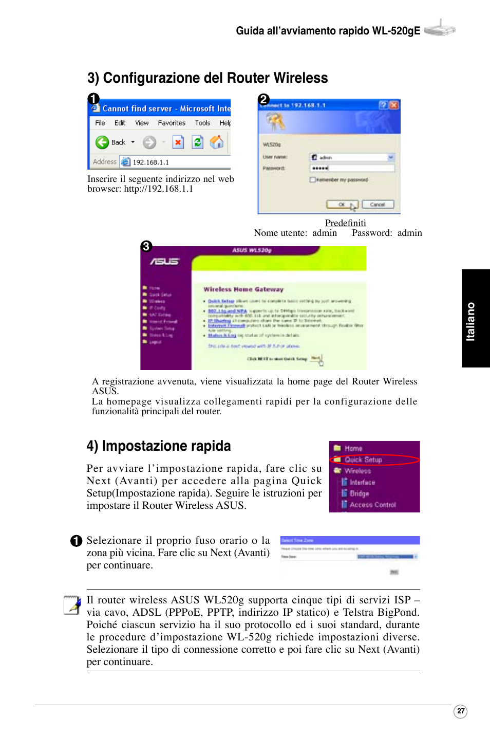 4) impostazione rapida, 3) configurazione del router wireless | Asus WL-520G User Manual | Page 29 / 136