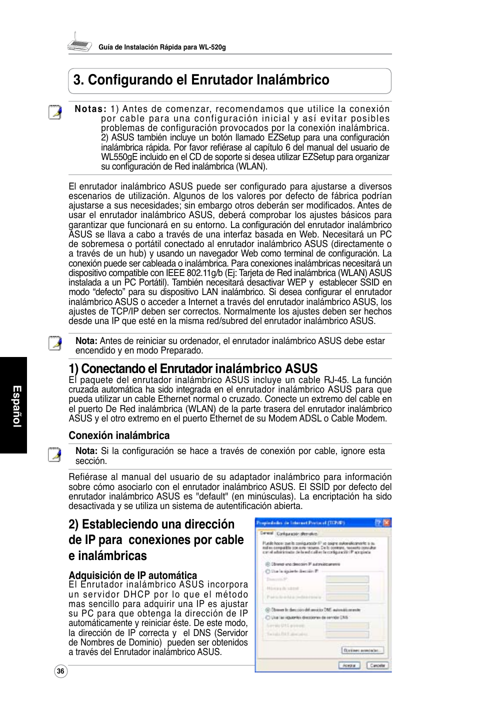 Configurando el enrutador inalámbrico, 1) conectando el enrutador inalámbrico asus | Asus WL-520G User Manual | Page 38 / 136