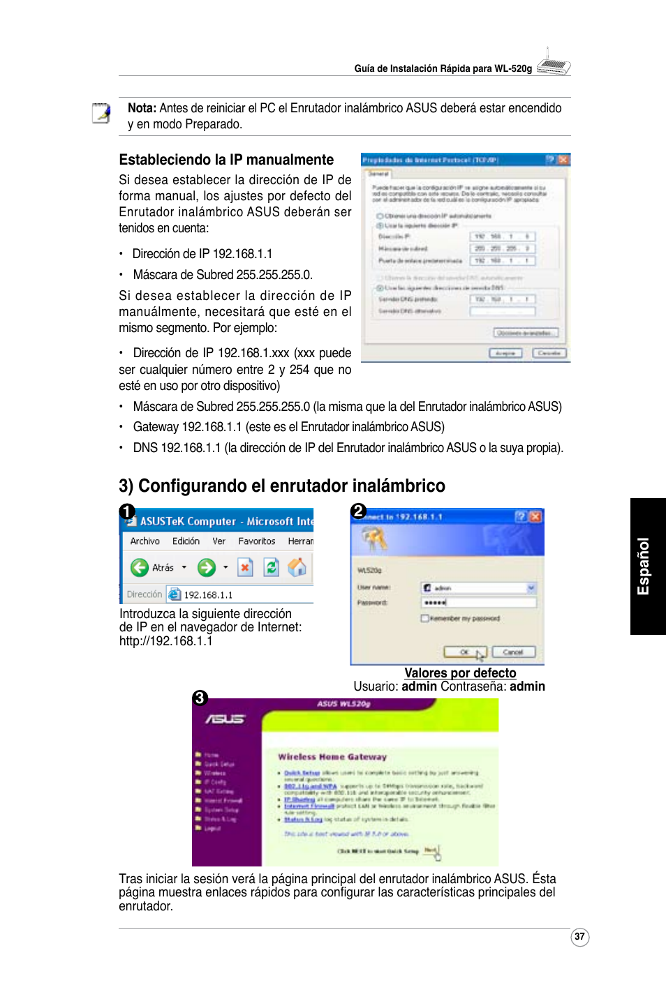 3) configurando el enrutador inalámbrico | Asus WL-520G User Manual | Page 39 / 136